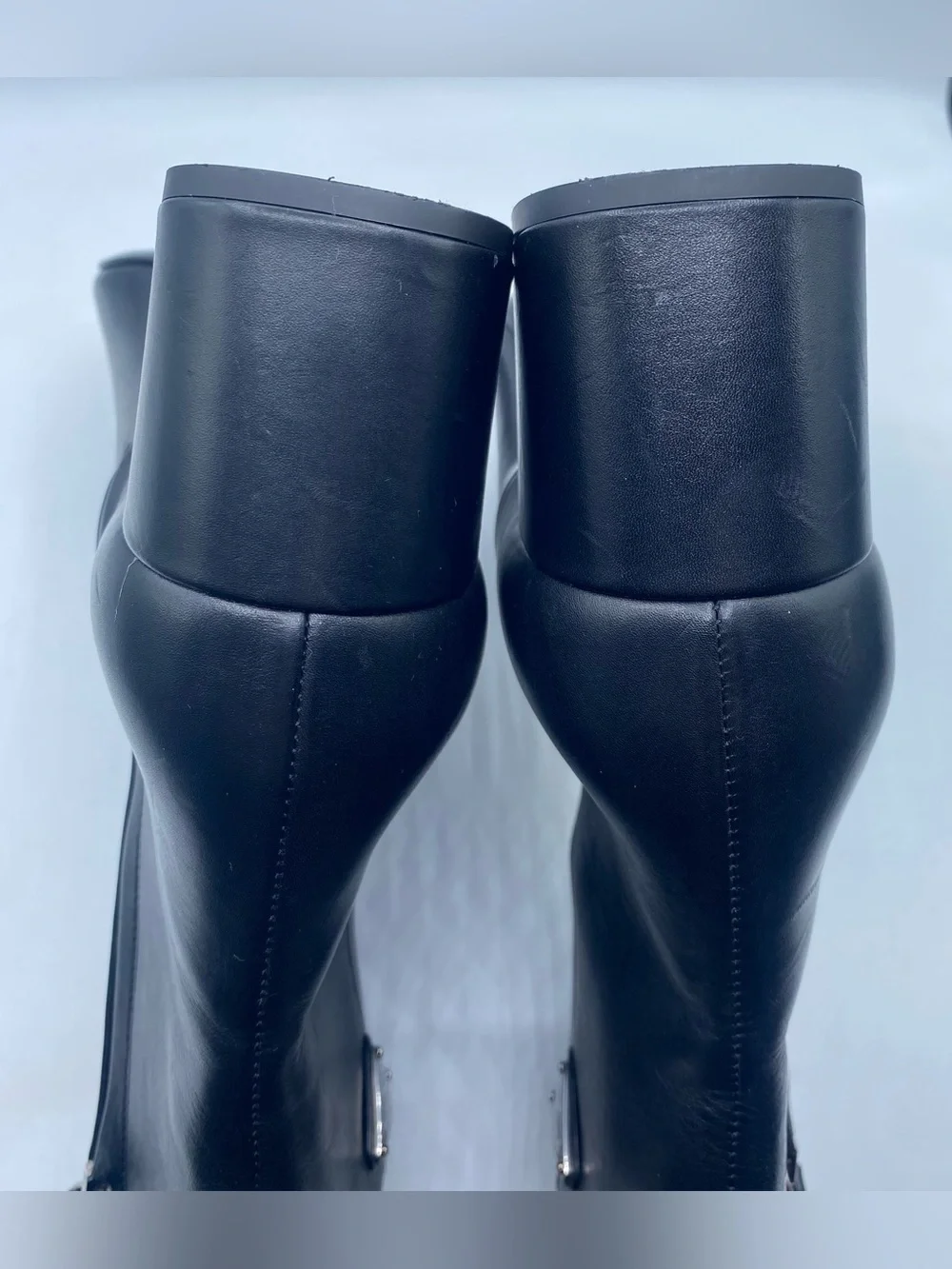 Prada Logo Block Heel Leather Ankle Boots